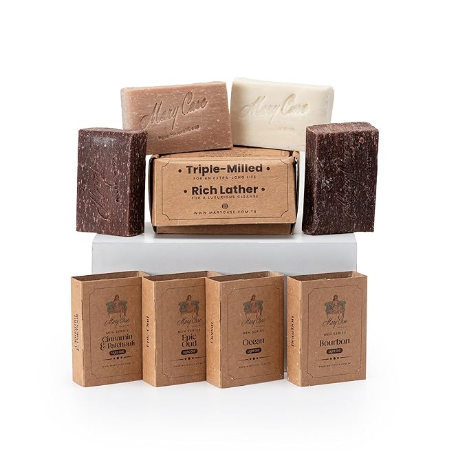Mary Case Men's Bar Soap Variety Set of 4 | Oud, Ocean, Cinnamon & Patchouli, Bourbon Scented Soaps with Olive & Coconut Oils | Bath Soap for Men | Deep Cleansing & Nourishing Dry Skin