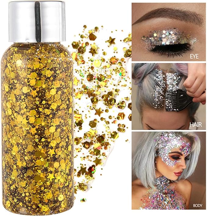 Body Glitter Gel, Mardi Gras Chunky Face Glitter Mermaid Sequins, Sparkly Hair Glitter,Singer Concert Festival Rave Accessories, Halloween Body Painting (#02 Gold)