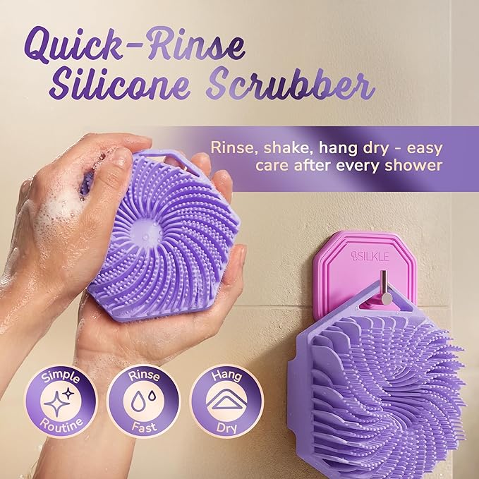 SILKLE Silicone Body Scrubber – Gentle Exfoliating Shower Scrubber for Body & Bath, Silicone Shower Brush & Loofah Alternative – Non-Slip Silicone Body Brush, Quick Dry, Hygienic - Purple