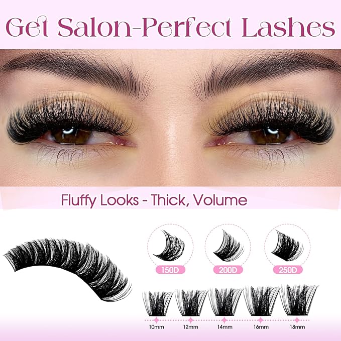 Fluffy Lash Clusters Kit Bulk Packs: Wendy, 560Pcs, 150D, 200D, 200D, 250D, D Curl, 10-18mm Mixed, Thick, Volume, Soft, DIY Eyelash, Individual, Natural, Fake Lashes
