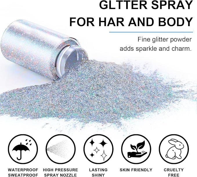 Hair and Body Glitter Spray, Glint-Rainbow Hair Glitter Extra Fine Face Shimmer Powder for Clothes, Festival Loose Sparkle Powder for Rave Clothes Nail Art Easter Halloween Crafts (Glint-Rainbow)