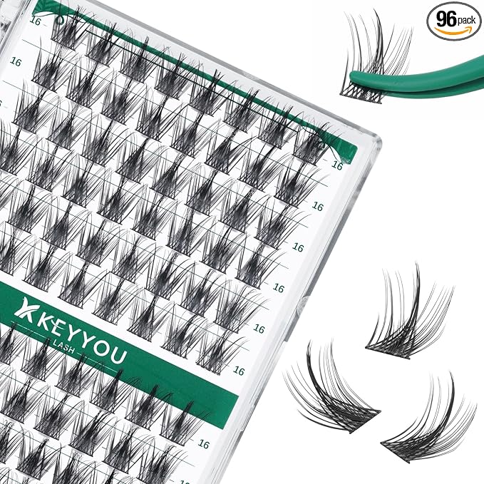 Lash Clusters,96 Pcs Cluster Lashes D Curl 16mm DIY Lash Extensions Eyelash Clusters,KEYYOU Volume Wispy Individual Lashes Soft&Comfortable Easy DIY at Home(Y09,D-16mm)