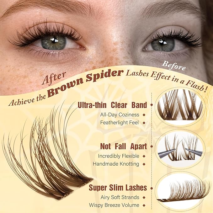 Spider Breeze Lash Clusters Brown Eyelash Clusters D Curly Wispy Cluster Eyelash Extensions Natural Brown Spider Lashes Cluster with Invisible Band Fluffy Individual Lashes 8-16mm by zenotti