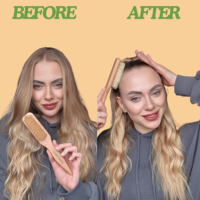 GranNaturals Soft Finishing Boar Bristle Slick Back Hair Brush for Smoothing & Polishing a Sleek Ponytail Bun w/ a Wide Wooden Rat Tail End for Parting & Sectioning - Teasing & Backcombing Hairbrush