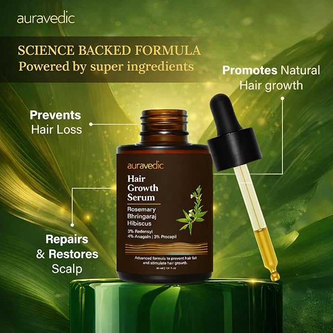 Auravedic Hair Growth Serum with 3% Redensyl & 4% Anagain | Nourishes Roots, Reduces Breakage & Supports Fuller Looking Hair | Rosemary, Bhringraj, Hibiscus | 1.01 Fl Oz (30ml)