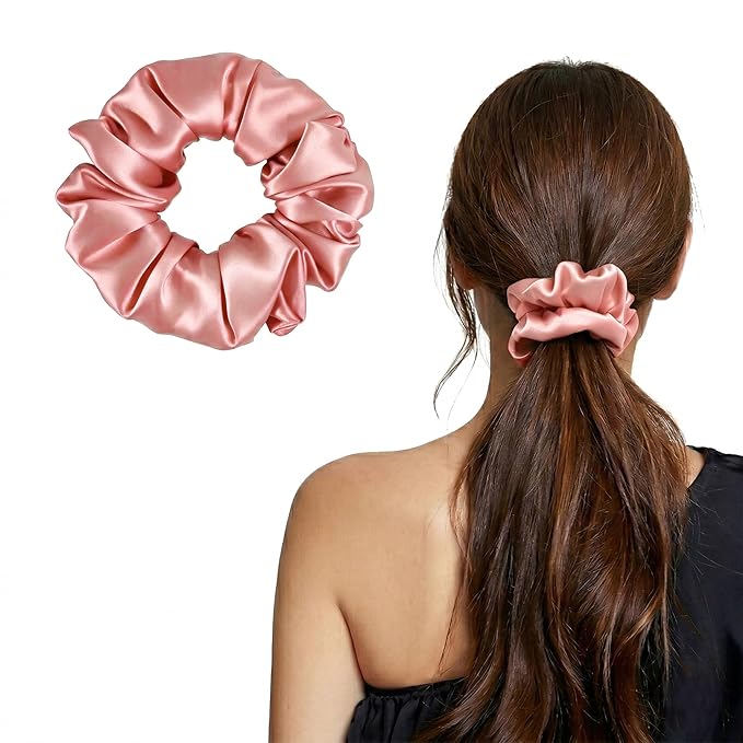 ZLYC 100% Mulberry Silk Scrunchie 19 Momme Gentle Creaseless Hair Tie for Women Dent-Free Ponytail Holder, 3.5cm Solid Peach Pink