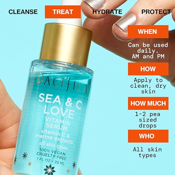 Pacifica Beauty Sea & C Love Vitamin C Serum for Face – Brightening & Anti-Aging Formula with Hyaluronic Acid, Green Tea & Algae – Blue Light Protection – Fades Dark Spots & Fine Lines – 1 Fl Oz