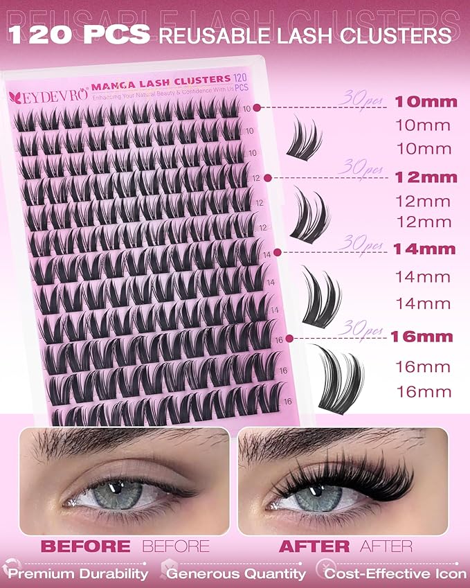 EYDEVRO Bunny Lash Clusters Manga Eyelash Clusters Wet Look Fairy Wispy Cluster Eyelash Extensions Anime Cluster Lashes 120 Pcs 10-16mm C Curl DIY Lash Extensions