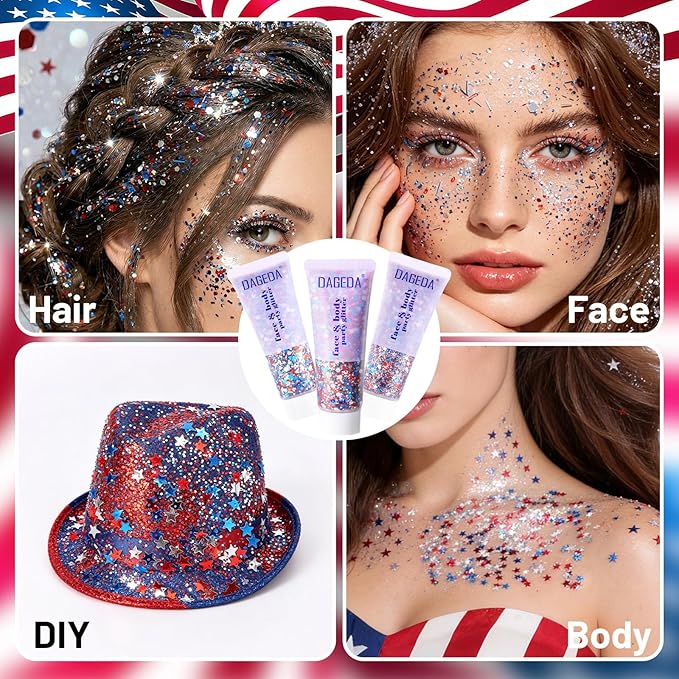DAGEDA Red White Blue Body Face Glitter, 4th of July Outfits Accessories for Women, Patriotism Face Glitter Makeup, Fourth of July Patriotic Independence Day Hair Accessories Party Costumes（Strip）