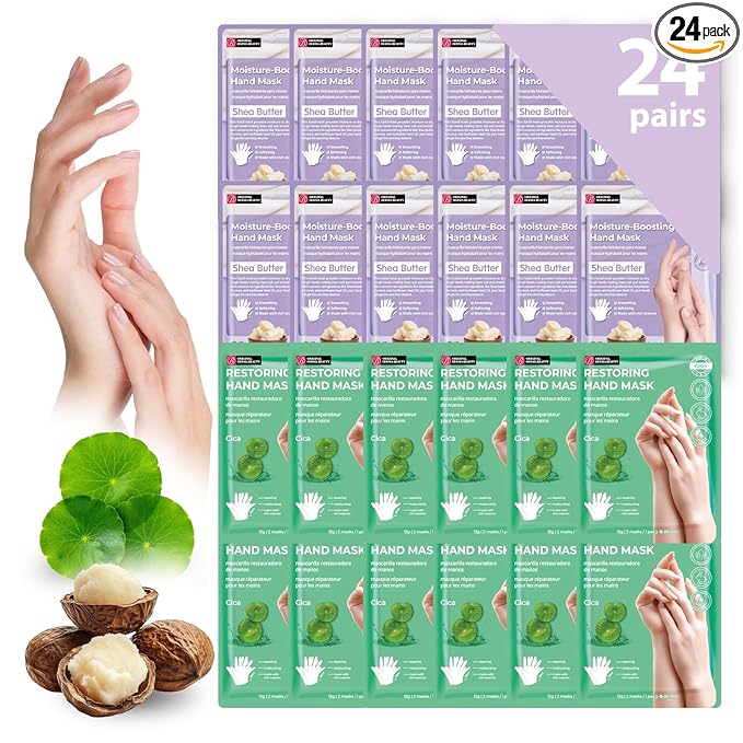 Innerest 24 PK Original Derma Beauty Hand Mask Bulk Moisturizing Korean Hand Gloves for Dry Hands Nail Care Essential, Deep Hydration Self Care Gift for Women (Shea Butter + Cica)