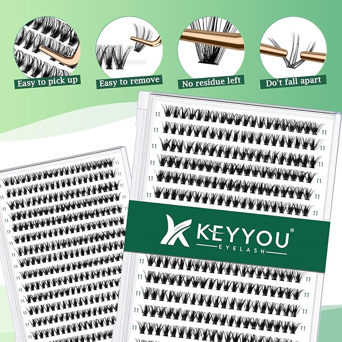 KEYYOU Lash Clusters 300pcs Individual Lashes, 40D 0.07D Curl 11mm DIY Eyelash Extension, Soft & Natural Volume Cluster Lashes with Large Tray
