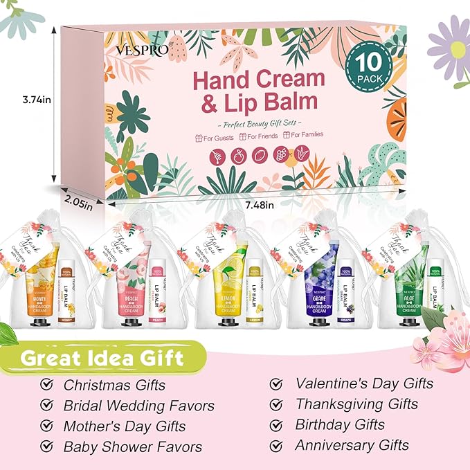 VESPRO 10 Pack Bulk Hand Cream and Lip Balm Sets, Mothers Day Gifts for Mom, Teacher Appreciation Gifts, Nurses Week Gifts, Thank You Gifts and Birthday Gifts with Thank Card Organza Bags