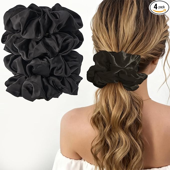 Lolalet Big Satin Scrunchies for Women, 5.9 Inch Large Oversized Scrunchie, Soft Jumbo/Giant Scrunchies Hair Ties for Thick & Curly Hair -4 Pack, All black