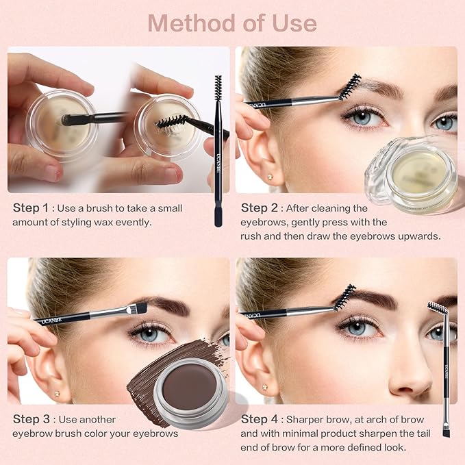 UCANBE Waterproof Eyebrow Gel + Eyebrow Styling Wax 2 in 1 Makeup Kit with 2 Pcs Dual-ended Adjustable Freely Eyebrow Brush Makeup Long Lasting Eyebrows (01 Gel/Brown Pomade, Standard)