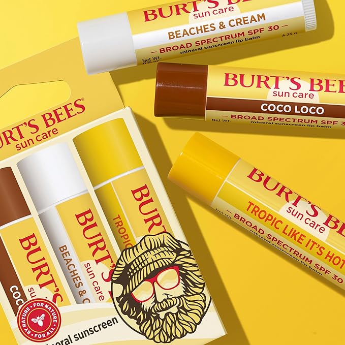 Burt’s Bees SPF 30 Lip Balm, Island Getaway - Coco Loco, Beaches & Cream, Tropic Like It's Hot, Water-Resistant Sun Care, Natural Origin Lip Treatment, 3 Tubes, 0.15 oz (Pack of 12)