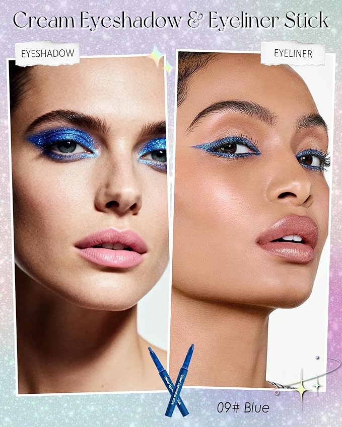 Blue Glitter Eyeshadow & Eyeliner Stick 2 in 1, Metallic Shimmer Eyeshadow Stick, Twist-Up Built in a Sharpener Eyeliner Pen, Waterproof Creamy Eye liner Makeup for Women Christmas-09 Blue