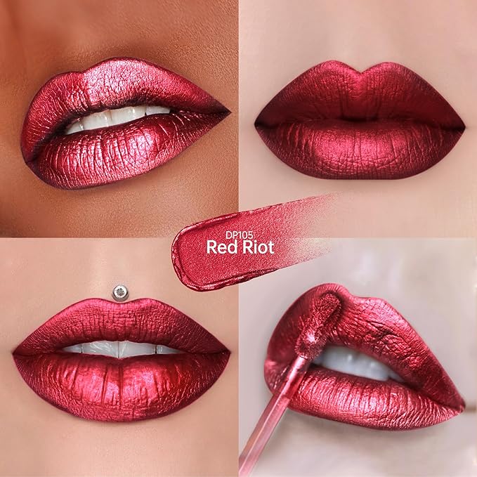 Depuplum Red Lipsticks for Women Metallic Lipstick Long Lasting Shimmer Lip Gloss Metal Shine Glitter Waterproof Lipsticks Full Coverage Lip Color for Mother's Day,DP105 Red Riot
