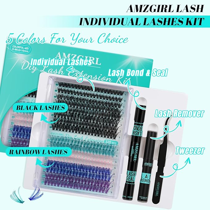 Lash Clusters Kit,DIY Individual Lashes Extension Kit,Lash Bond And Seal,Lash Remover For Eyelashes Extensions,Lash Applicator Tool For False Eyelash Cluster Kit（320PCS, Colorful 40D, 9-16mm）
