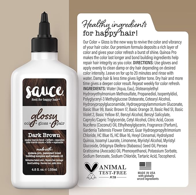 Sauce Beauty Glossy Color + Gloss + Repair, Dark Brown, Semi Permanent Hair Dye with Bond-Building and Color-Fade Protection Technology, Adds Shine & Deep Moisture, Lasts 4-8 Weeks, Stops Fade