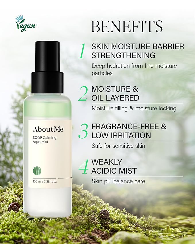 About Me SOOP Calming Bi-Phase Aqua Mist – 80.4% Jeju Cypress Water Fine Mist Face Spray, 2-Layer Hydrating Spray with Centella & Tea Tree, Vegan Makeup Setting Spray for All Skin Types, 4.23 fl oz
