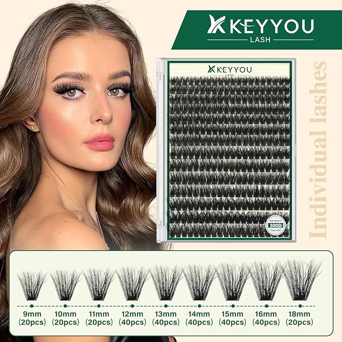 KEYYOU Lash Clusters 3D Effect Eyelash Clusters 280pcs Individual Lashes Wispy Lashes Volume Cluster Lashes Natural Soft DIY Lash Extension(3D-100D-D-9-18MIX)