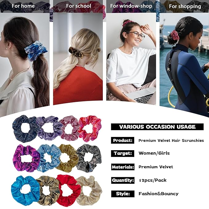 12 Pcs Scrunchies for Women, Satin Hair Scrunchie Bulk, Shiny Metallic Elastic Hair Bands, Glitter Ropes Hair Accessories for Gym Dance Party Club(Sparkly Metallic)