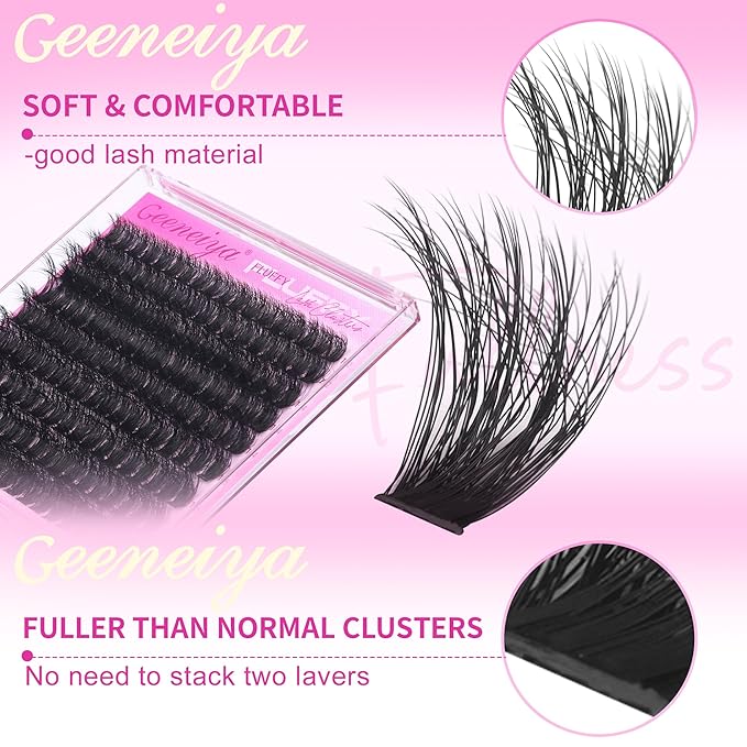 Geeneiya Full Lash Clusters D Curvature Eyelash Clusters Thick Cluster Eyelash Extensions Wispy Individual Lashes Extensions Waterproof Lashes DIY at Home for Beginners with Lash Map