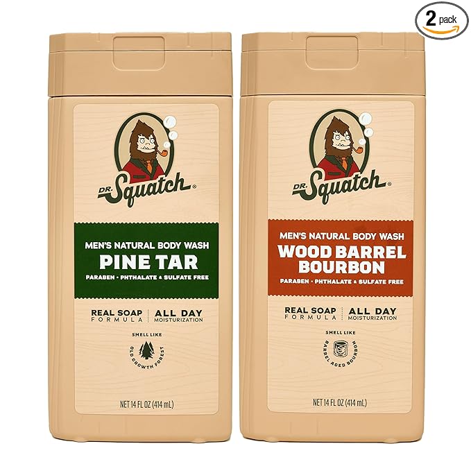 Dr. Squatch Natural Men's Body Wash Shower Gel - Cleansing, Nourishing, Long Lasting Scent, Moisturizing Body Wash for Men - Pine Tar + Wood Barrel Bourbon (14 oz, 2-Pack)