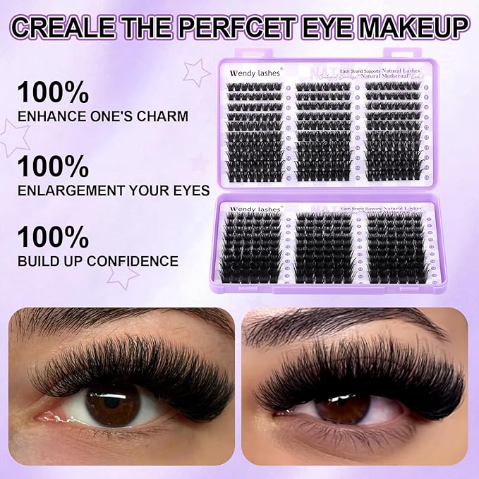 WENDY LASHES Clusters 100D+150D Eyelash Clusters 420PCS 9-16mm D Curl Natural Lashes Fluffy Wispy False Eyelashes DIY Cluster Eyelash Extensions