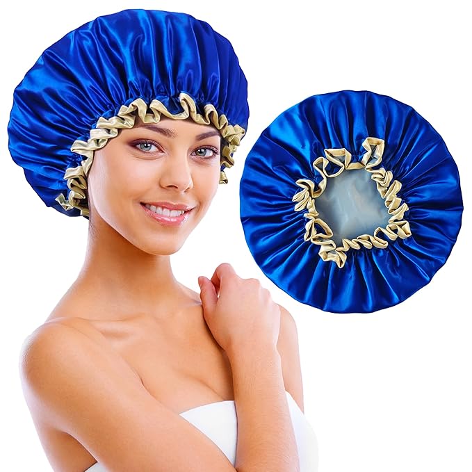 Shower Cap Reusable Waterproof, Large Shower Cap for Women, Shower Caps for Braids Long Hair, Double Layer Satin Plastic Hair Cap for Shower