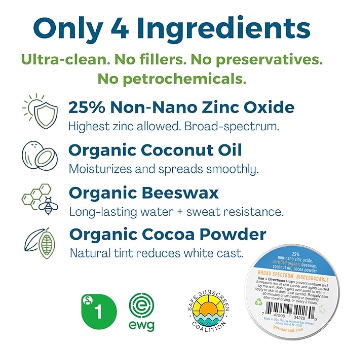 Waxhead Tinted Reef-Safe Mineral Sunscreen SPF 30 Zinc Oxide, Tint Zinc Face Sunscreen for Surfing & Swimming, Zinc Paste Sunblock for Nose & Face, Matte Finish, Travel Size 2 oz Tin