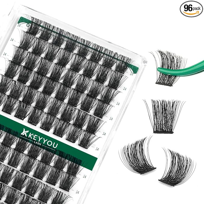 Lash Clusters,96 Pcs Cluster Lashes D Curl 14mm DIY Lash Extensions Eyelash Clusters,KEYYOU Volume Wispy Individual Lashes Soft&Comfortable Easy DIY at Home(Y04,D-14mm)