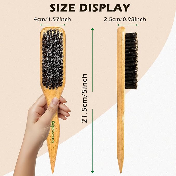 Boar Bristle Slick Back Hair Brush for Sleek Ponytail Bun & Smoothing Baby Hairs & Flyaways - Soft Boar Brush Hair Comb for Women & Men - Teasing Hairbrush with Wide Rat Tail for Sectioning & Parting
