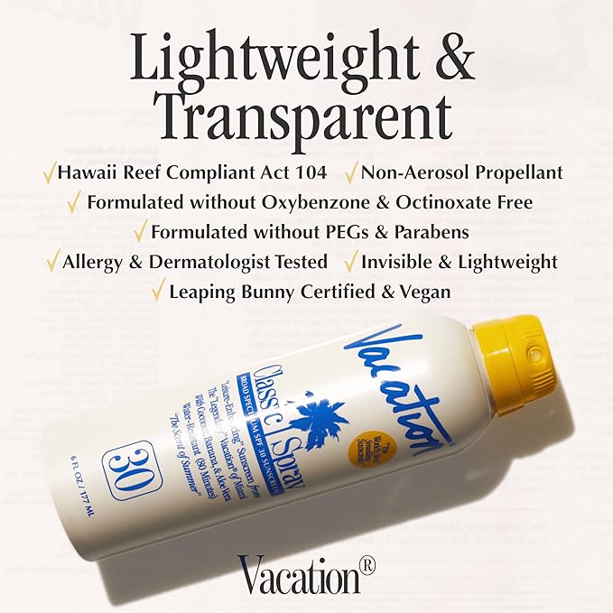 Vacation Classic Sunscreen Spray SPF 30 & Air Freshener Bundle, Water-Resistant, Lightweight, Transparent on All Skin Tones, Dermatologist-Tested, Vegan, 6 Fl. Oz.