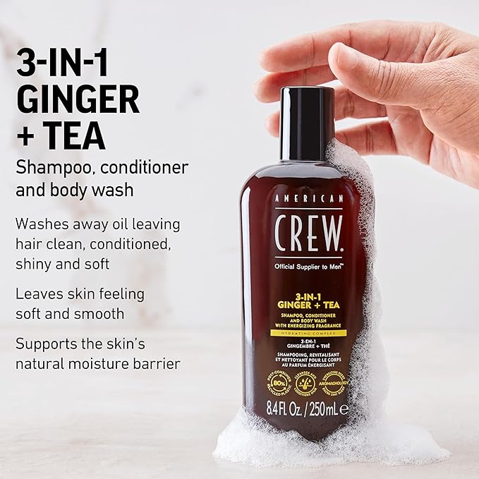 AMERICAN CREW 3-in-1 Ginger & Tea, Shampoo, Conditioner & Body Wash for Men, All-in-One Care with Revitalizing and Refreshing Fragrance, 15.2 fl oz