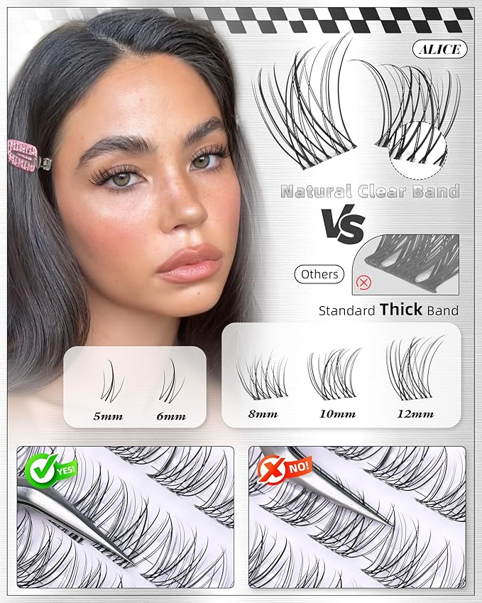 ALICE Short Lash Clusters Kit 8mm-10mm-12mm Natural Clear Band Cluster Eyelash Extension Kit Wispy Eyelash Clusters Kit with Bottom Lashes Bond and Seal DIY at Home