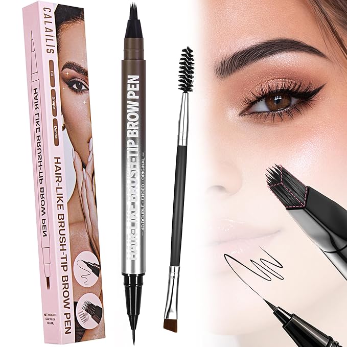 CALAILIS Eyebrow Pencil for Women - 2-in-1 Eyebrow Pen with Dual-Ended Microblading 4D Fork Tip & Ultra-Fine Eyeliner Tip, Create Natural Fuller Hair-Like Waterproof Brow Pencils (Black)
