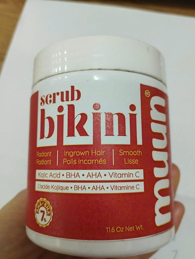 Muun Bikini Area Exfoliator, 2% Kojic Acid Vitamin C & 7% AHA/BHA Even Skin Tone & Ingrown Hair - Underarm Scrub - Radian, Smoothe & Soften Body Scrub