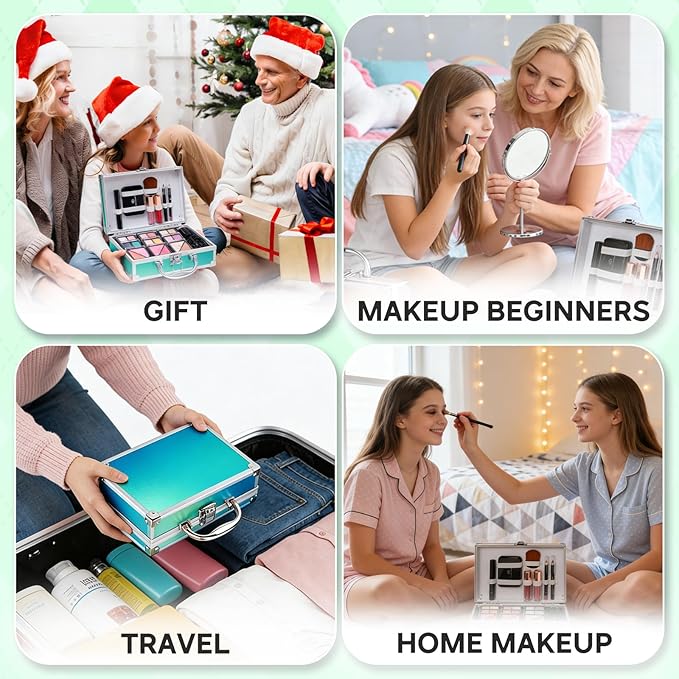 Color Nymph Beginner Makeup Kits For Teens With Train Case Included Full Makeup Kit Eyeshadow Palette Blushes Bronzer Highlighter Lipstick Brushes Mirror (Green)