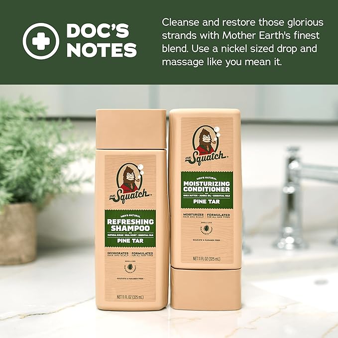 Dr. Squatch Men's Natural Shampoo and Conditioner Set – Sulfate & Paraben Free Natural Shampoo and Conditioner for Men – Scalp Nourishing Formula – Pine Tar (11 fl oz, 2-Pack)