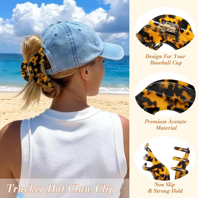 2 Pack Large Hat Hair Clips for Women, 4.2 Inch Big Acetate Claw Clips for Baseball Caps Trucker Hats, Non-Slip Strong Hold Hair Claw Clips for Thick Thin Hair, Hair Accessories Gift, Tortoise Shell