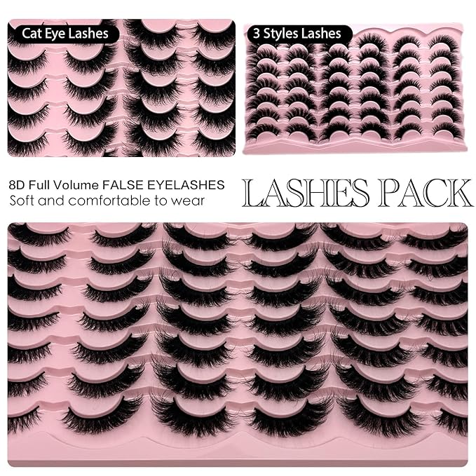 Mink Lashes Fluffy Natural Cat Eye Strip Lashes Pack Wispy C Curl 3D Cateye False Eyelashes Natural Look Faux Mink Eyelashes Bulk
