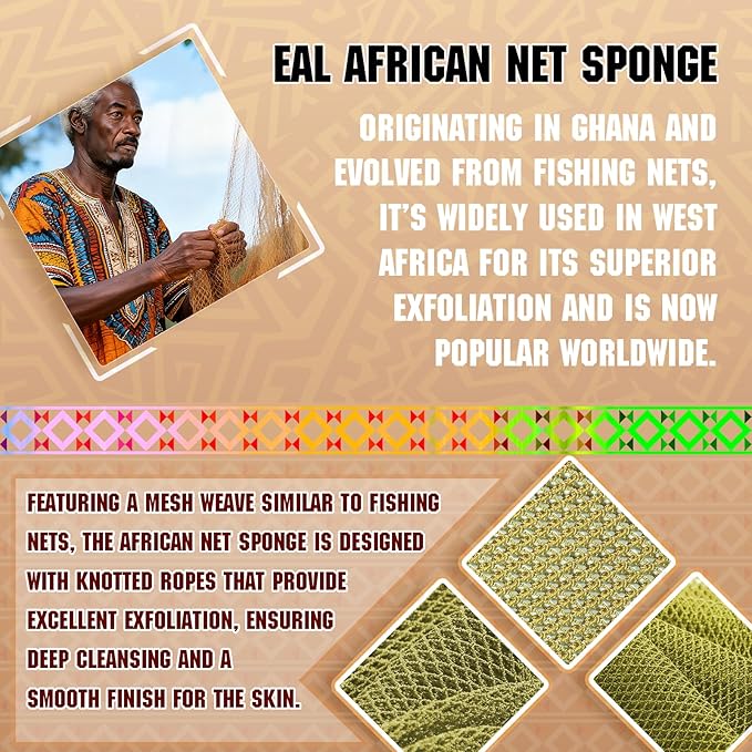 Authentic African Net Sponge - 2 Pieces Deep Clean Exfoliator - Premium Fabric, Gentle Exfoliation for Body & Shower Use (Army Green & Yellow)