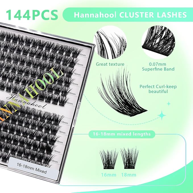 12rows-Large Tray Mixed 8-10-12-14-16mm/Mixed 14-15-16mm/Mixed14mm-16mm/Mixed 18-20mm Wide Stem Individual False Eyelashes Dramatic Black Cluster Eyelashes (mixed16mm-18mm)