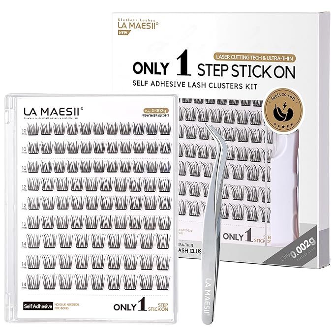 LA MAESII Self Adhesive Lash Clusters Kit, 10-14mm Self Adhesive Eyelashes Kit, DIY Eyelash Extensions, Natural Look Lashes No Glue Needed(R9-04)