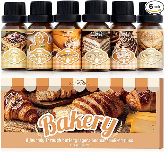 Bakery Essential Oils Gift Set, SNOWSEN Dessert Fragrance Oils for Diffuser for Home, Pumpkin Pie, Waffle, Coffee Cake, Chocolate Cupcake, Gingerbread, Snickerdoodle Aromatherapy Oils