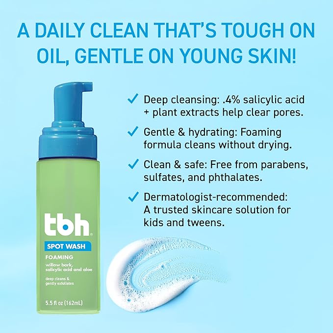 TBH Kids Spot Foam Face Wash – Gentle Daily Cleanser for Preteens & Teens – Salicylic Acid & Willow Bark for Oily & Sensitive Skin – Sulfate & Paraben-Free – 5.5 oz (Pack of 2)