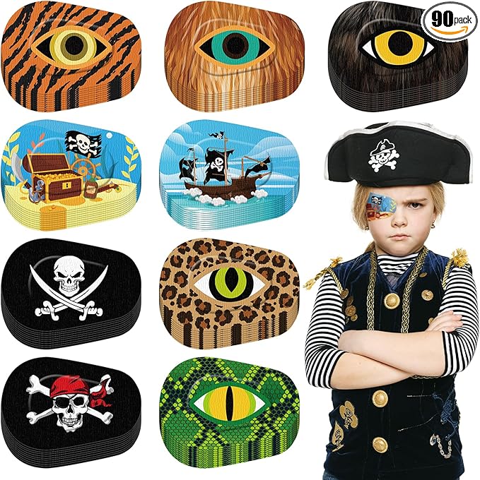 Panelee Adhesive Eye Patches for Kids Boys Bulk Halloween Pirate Toddler Eye Patch Breathable Material, Light Blocking Cotton Colorful and Fun Designs for Boys, 9 Styles(90 Pcs)