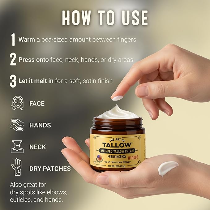 Tallow Face Moisturizer – Frankincense Beef Tallow for Skin, Whipped Tallow Cream with Manuka Honey & Organic Jojoba Oil, Face Cream, Grass Fed & Finished, Made in USA, 1.5 oz
