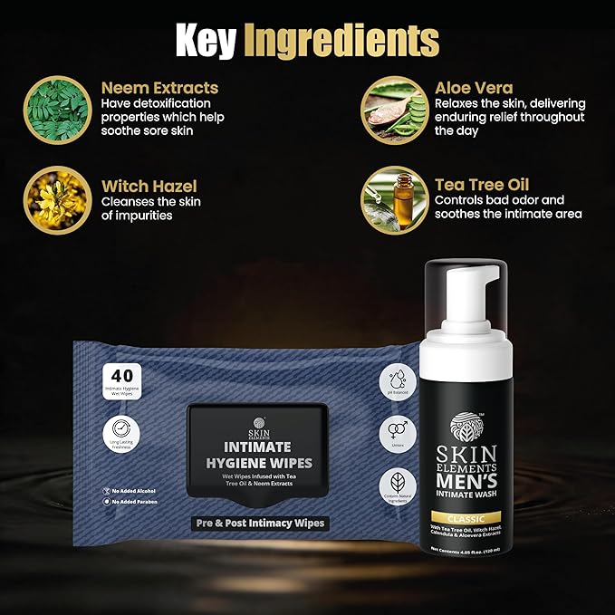 Skin Elements Intimate Hygiene Combo| Intimate Wash Men 120 ml+Intimate Wipes 30 Individual Sachets With Tea Tree & Neem Extracts - pH Balanced Foaming Wash Prevents Irritation & Bad Odor
